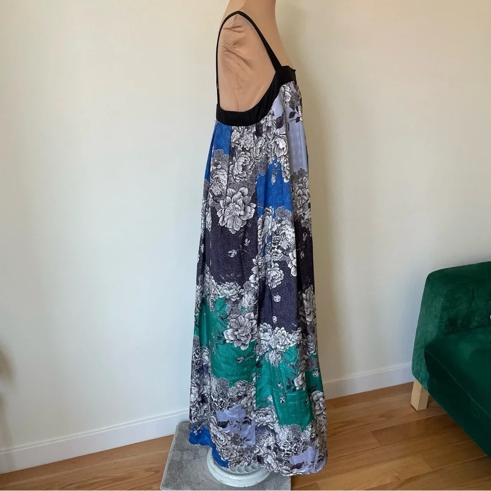 Anthropologie Atsu Black Multi Motif Floral Printed Square Neck Maxi Dress NWT M